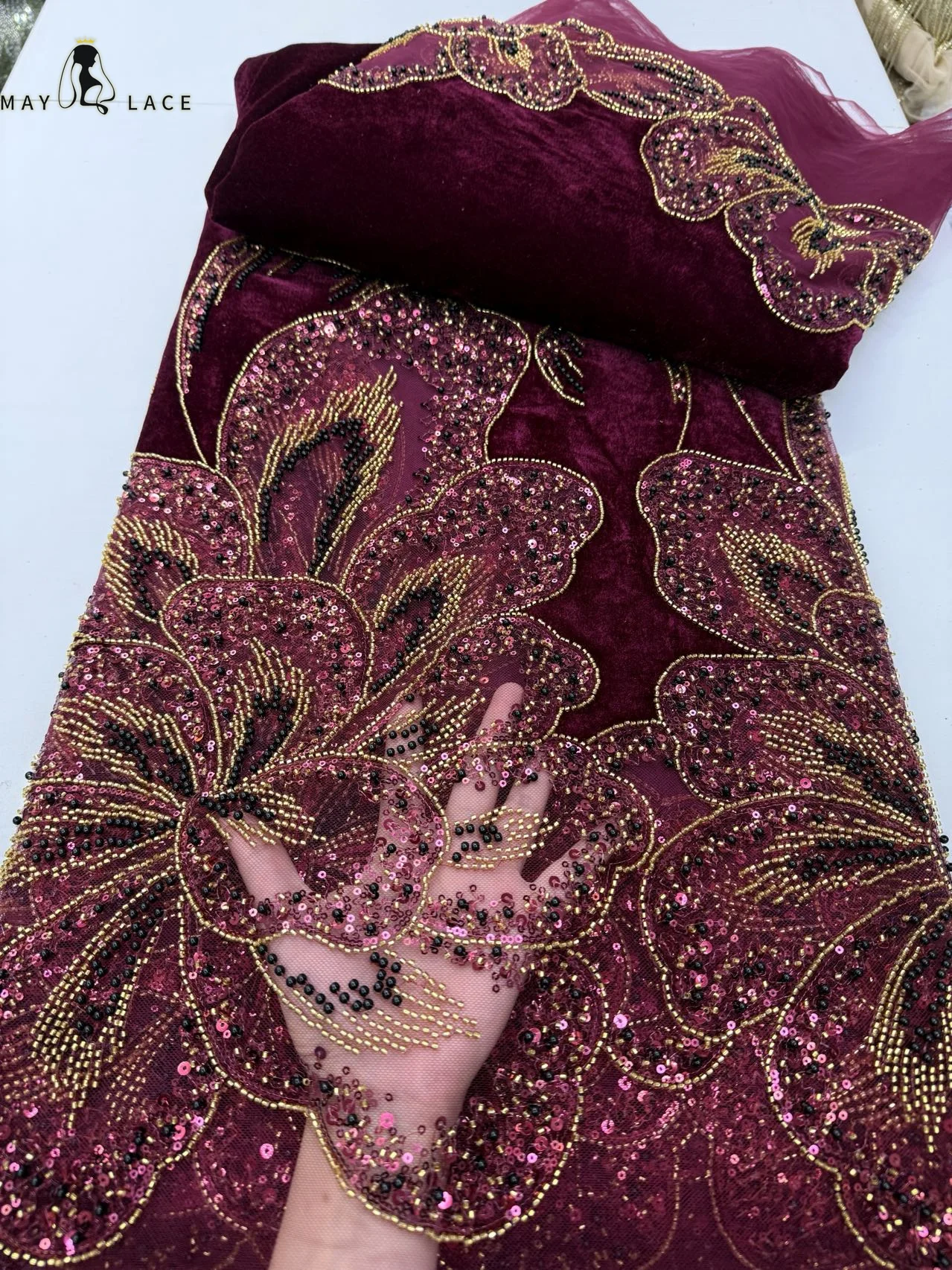 

Luxury Velvet Lace Fabric 5 Yards High Quality 2026 Burgundy Beaded Lace Fabric Fashion Sequin African Laces Fabric for Women