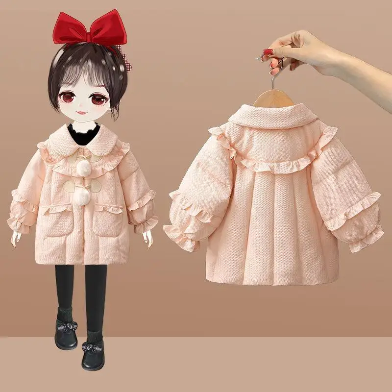 

Autumn Winter Girls Cotton Padded Coat Medium Length Thickened Warm Hooded Flannel Lined Lightweight Outerwear Kids Clothes