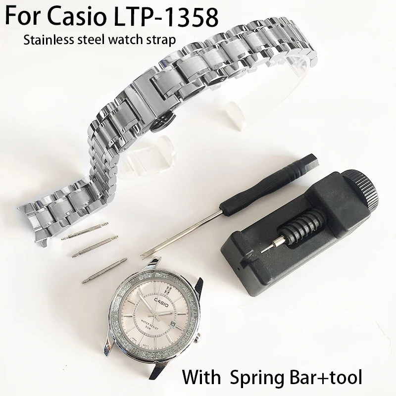 

Подходит для часов Casio LTP-1358, ремешок для часов 16 мм, ремешок из нержавеющей стали, застежка-бабочка, твердый металлический браслет
