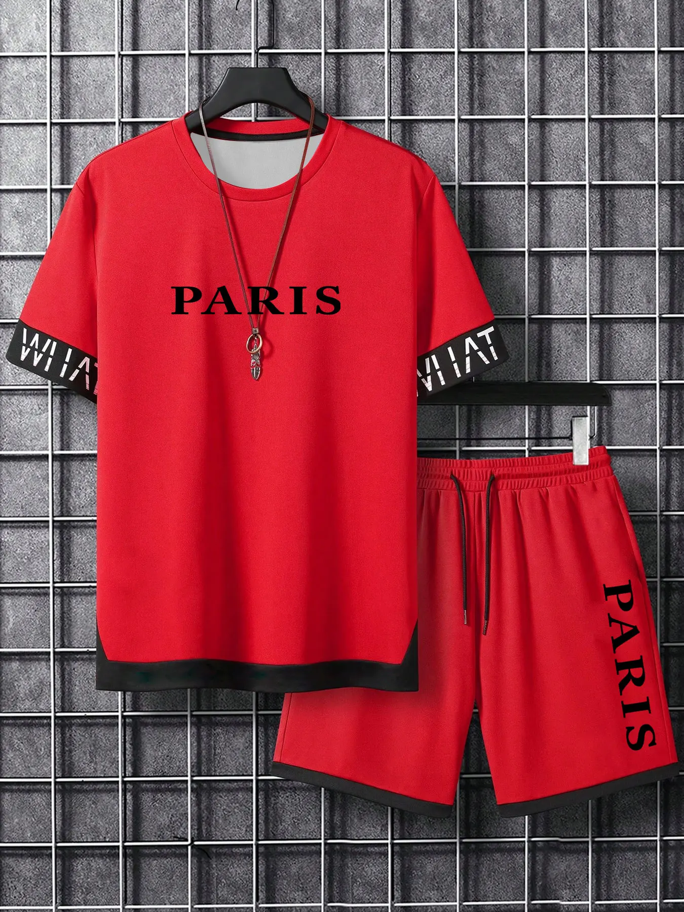 

2025 Men's Set Quick Dry Summer Paris Letter Print Two Tone Color Block Sport Casual Loose Short Sleeve Drawstring Shorts