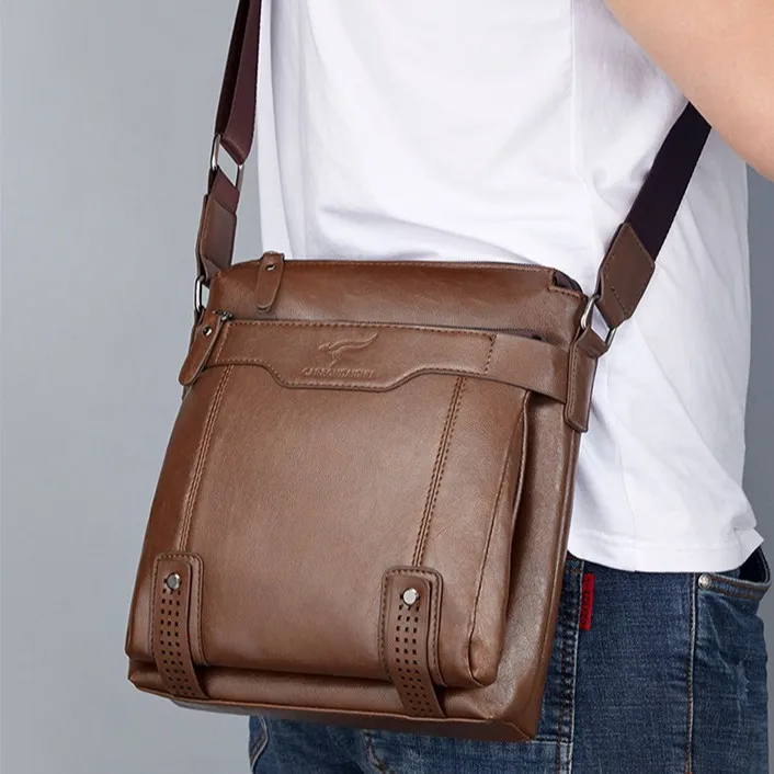 

Wear-resistant PU leather men's shoulder bag with multiple pockets and large capacity hand-held diagonal backpack travel bag