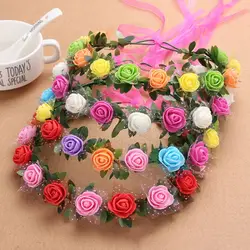 18 Colors Women Bridal Headband Beach Party 12 PE Foam Rose Flower Multicolor Wreath Crown Wedding Ribbon Garland Headpiece