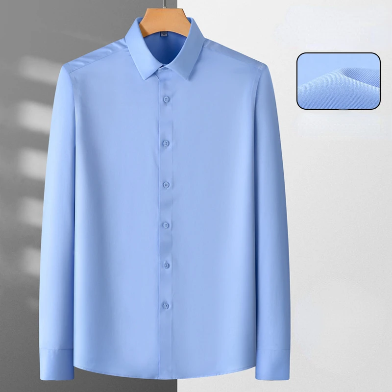 Mannen Shirts Lange Mouwen Zijdeachtig Niet-Ijzer Micro Elasticiteit Werk Casual Shirt Mannen Lange Mouwen Slim Fit Wit Mannelijk Sociaal Formeel Shirt