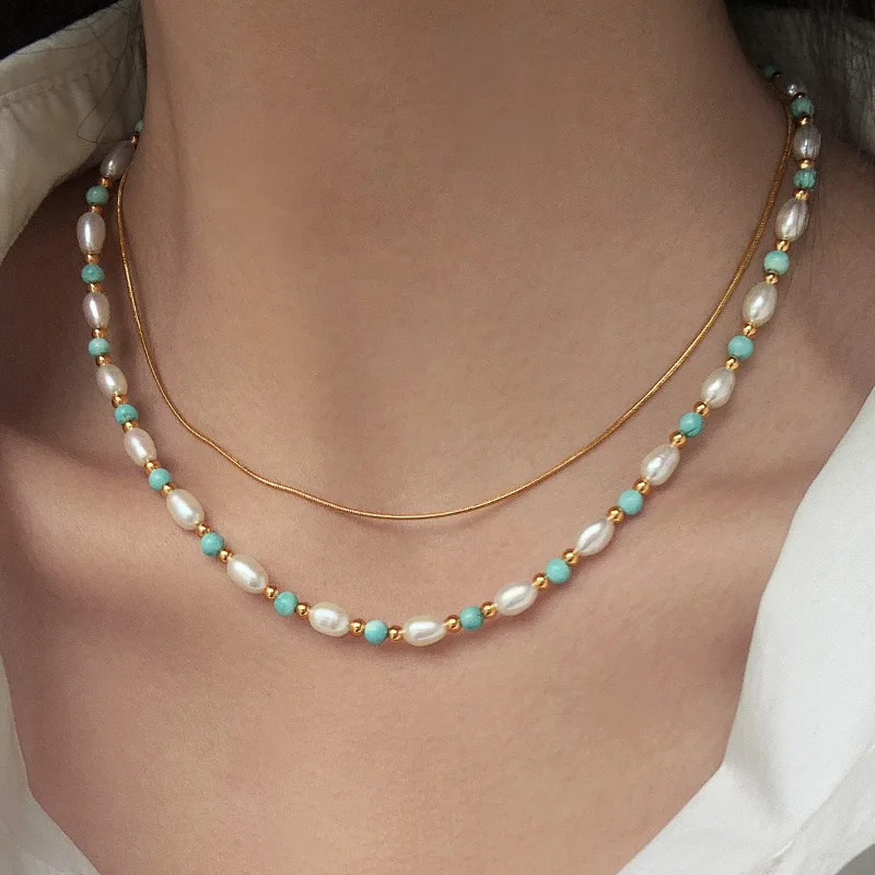 Rice Grain Freshwater Pearl Optimization Turquoise Bead Necklace Niche New Chinese Style Magnetic Buckle Collarbone Chain