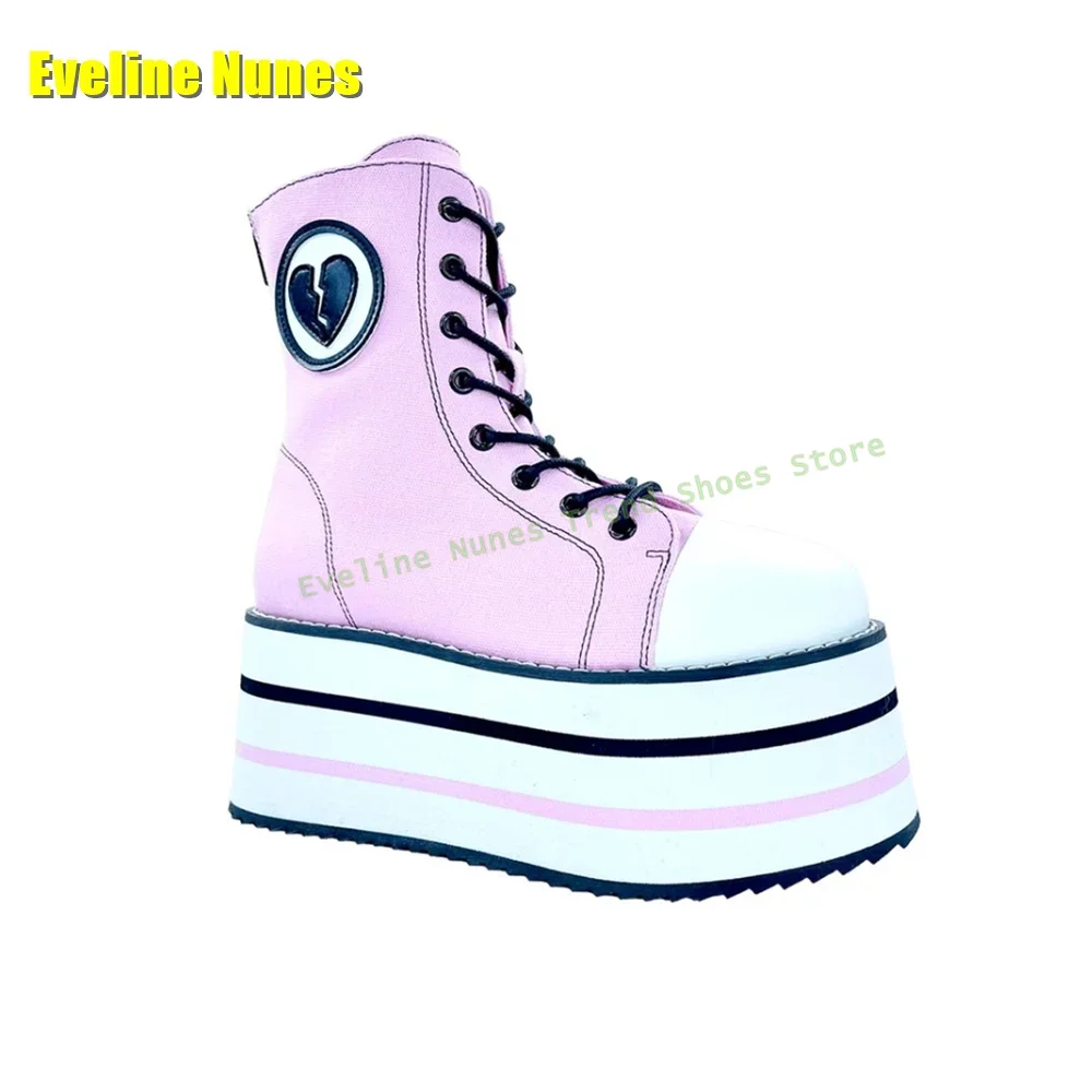 Pink Denim Platform Cross Toed Ankle Boots Round Toe Thick Sole Height Increasing Mixed Colors Spicy Girl Fashion Pumps Spring