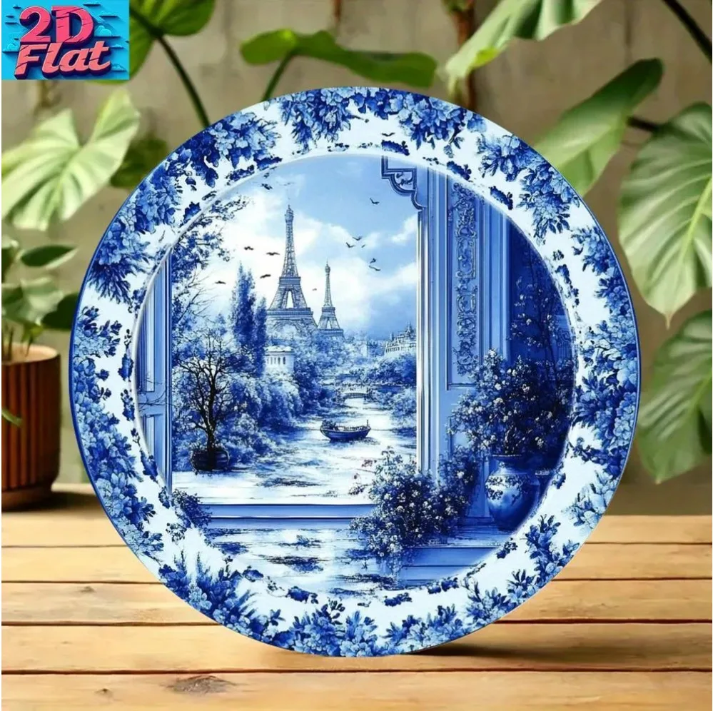 Vintage 2D Laser Engraved Metal Wall Art, Blue White Porcelain Style with Eiffel Tower & River Boat, Outdoor Home Decor Gift