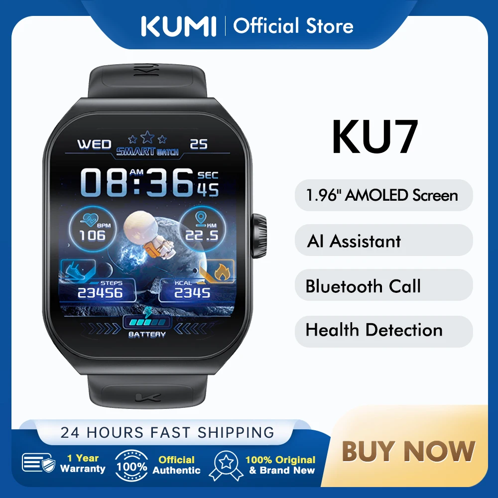 

KUMI KU7 Smartwatches 1.96" Amoled 100+Sport Modes NFC IP68 Waterproof Bluetooth Call Health Sleep Monitoring sos for man woman