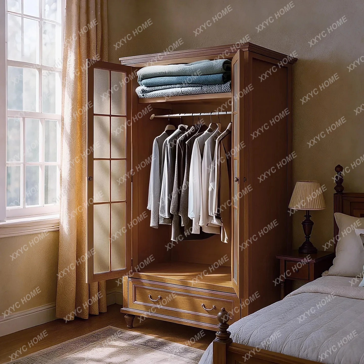 X-S door solid wood wardrobe large capacity with glass door, household bedroom independent small apartment storage HG