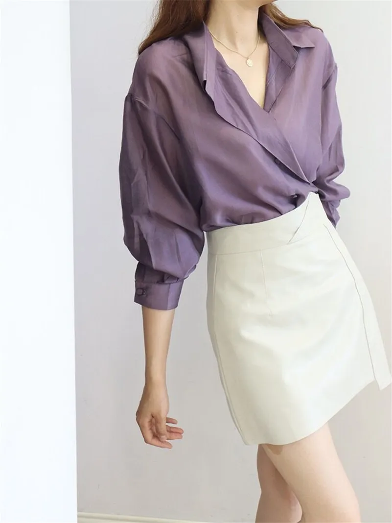 2026 nova primavera feminina rayon senhora do escritório lapela suave camisas de aba larga temperamento simples manga longa fina solta topos blusas