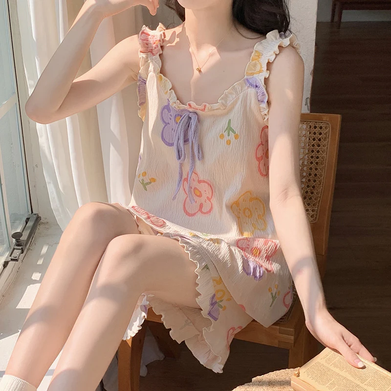 Suspender Tops+Shorts 2Pcs Home Pajamas Set For Women Summer New Printed Pullover Nightgown Sweet Ruffled Edge Night-clothes