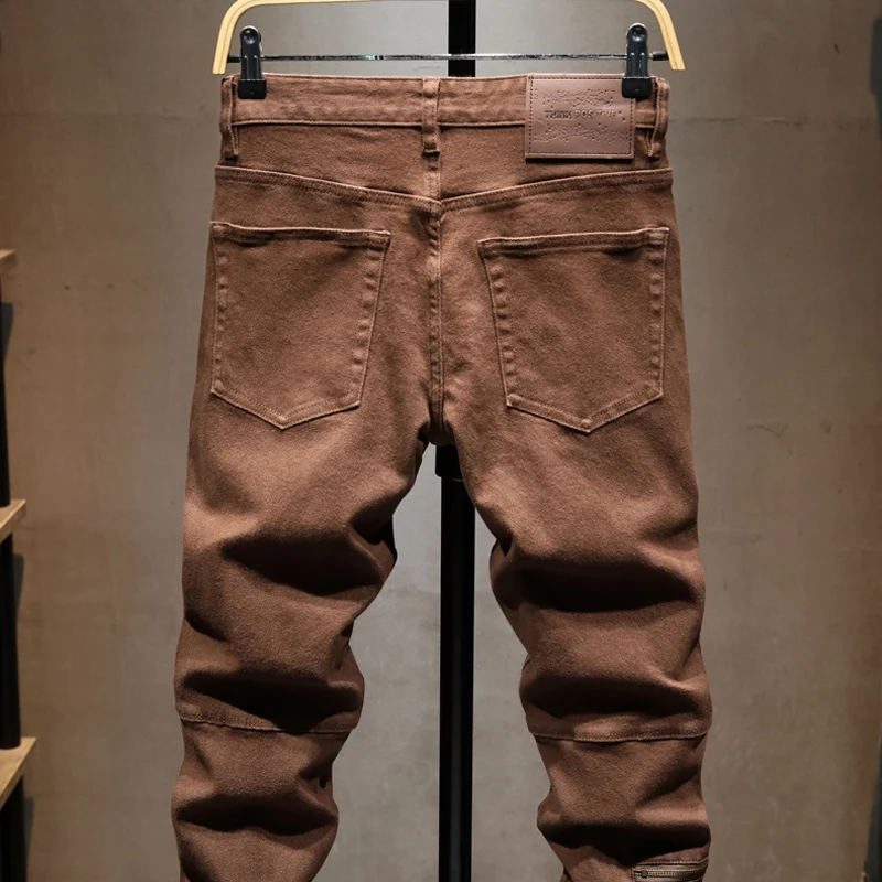 

Fashiony2k New Men's Jeans Nostalgic Water Washed Elastic Slimming Zipper Decoration Retro Khaki Jeans Designer High Quality Pa