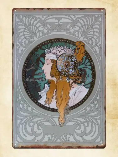 Tetes Byzantines Blonde 1897 Alphonse Mucha art nouveau metal tin sign wall art