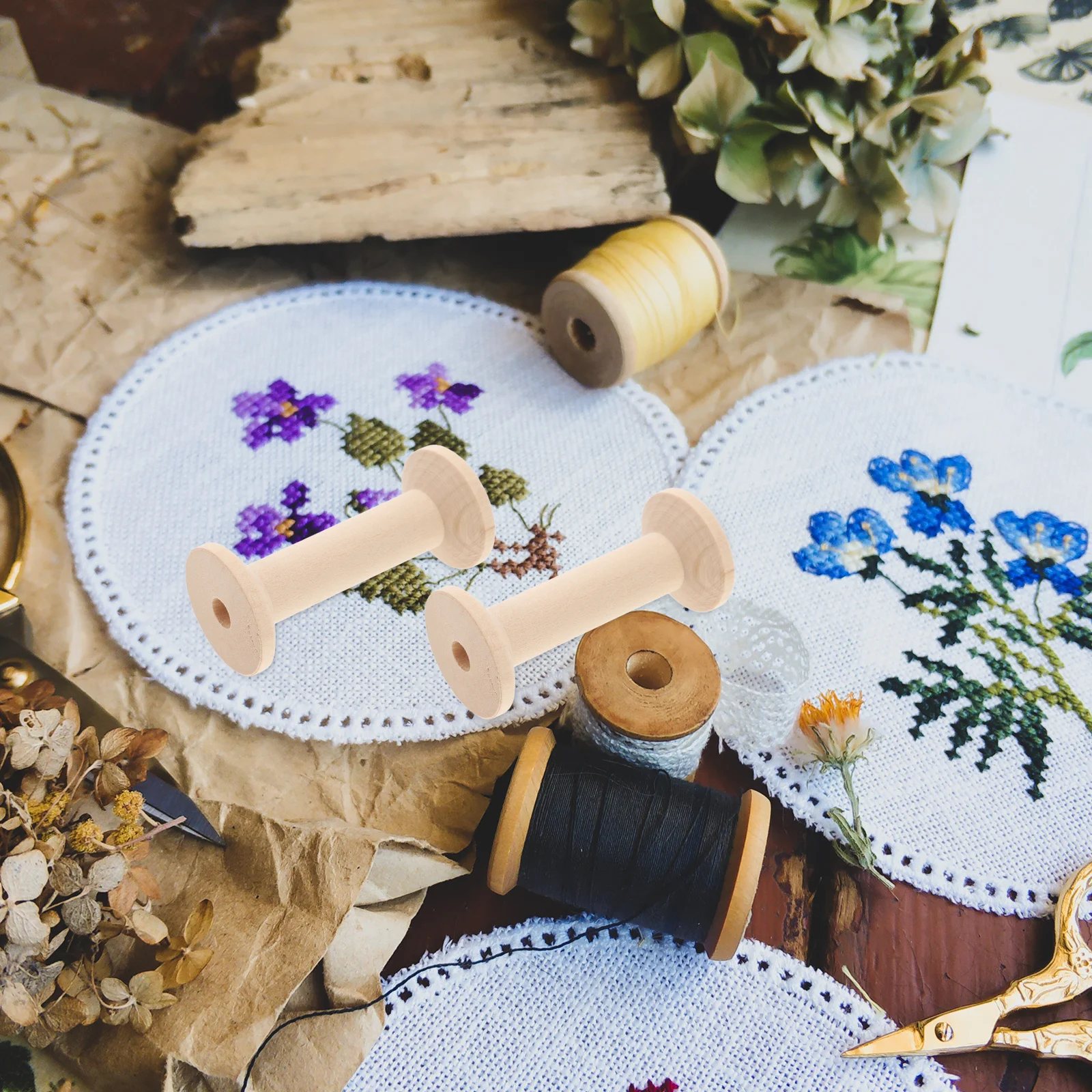 6Pcs Large Unfinished Wooden Spools Sewing Thread Holders Smooth Surface for Craft Ribbon Embroidery Wire Weaving