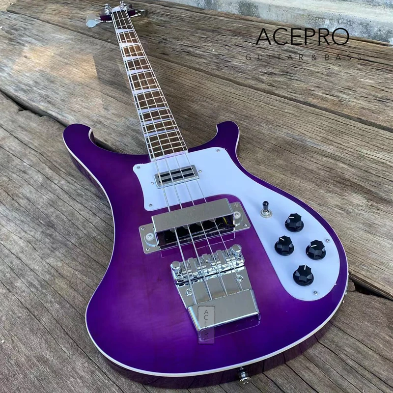 4003 Electric Bass Guitar Transparent Purple Basswood Body, Upgrade Adjustable Bridge Available, White Pickguard, Free Shipping