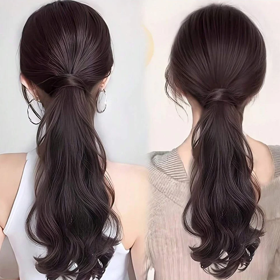 Cola de caballo sintética con banda elástica larga rizada ondulada en capas para mujer uso diario cabello resistente al calor 5