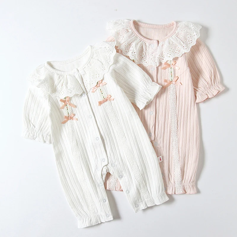 Spring Autumn 0-24M Toddler Baby Girl Romper Cotton Long Sleeve Lace Stitching Infant Baby Girls Jumpsuit Children Clothes