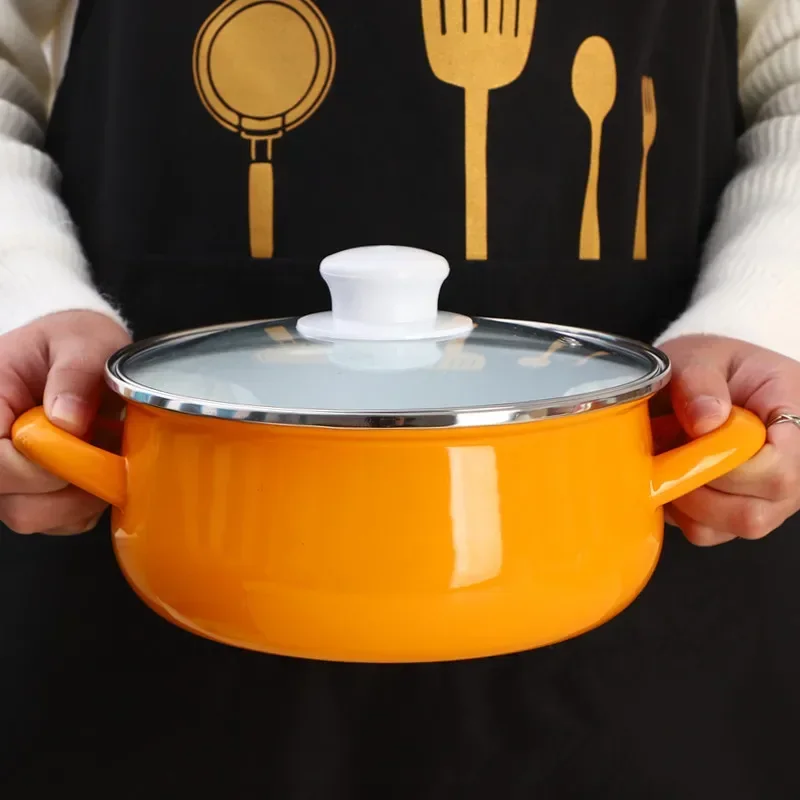 Nonstick Enamel Cooking Hot Pot Thick Bottom Stock Pot Handle Ramen Noodles Gas Cooker Kitchen Cookware