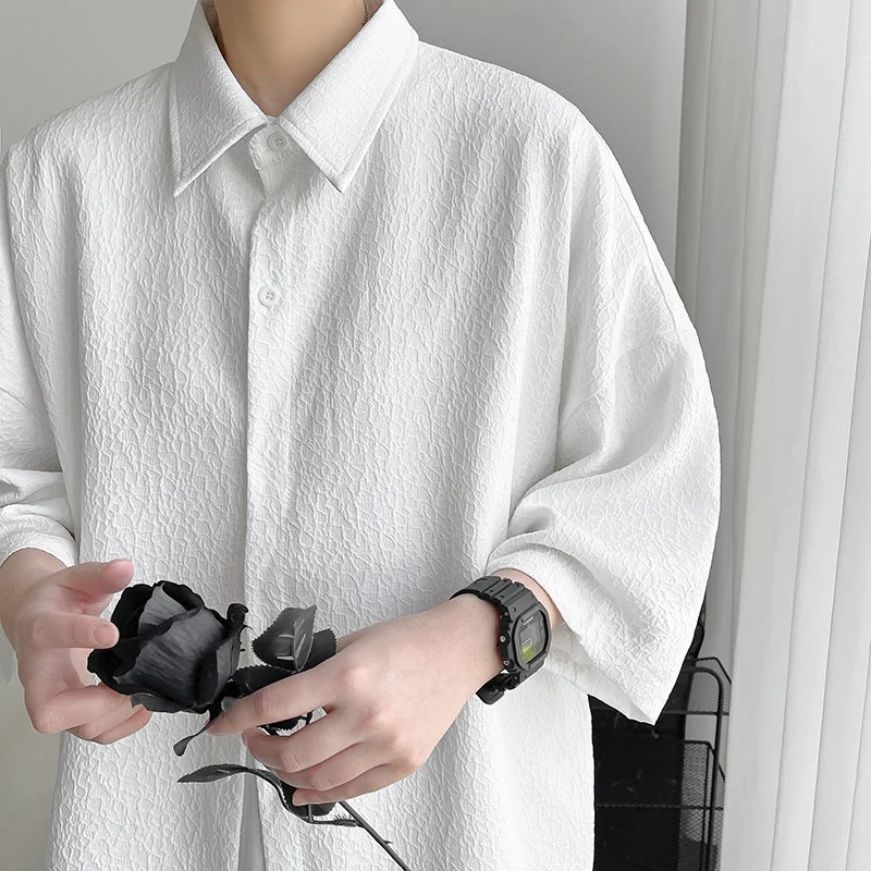 

Loose ort Sve irt Jaet for Men Summer Thin Five-Quarter Sve Trendy Button-Up Casual Loose Top Youth Faion