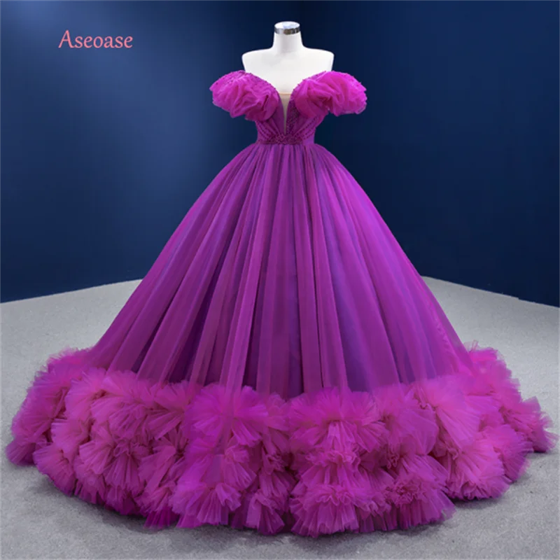 Purple Quinceanera Dresses Ball Gown Off The Shoulder Tulle Pearls Tiered Mexican Sweet 16 Dresses 15 Anos Customized