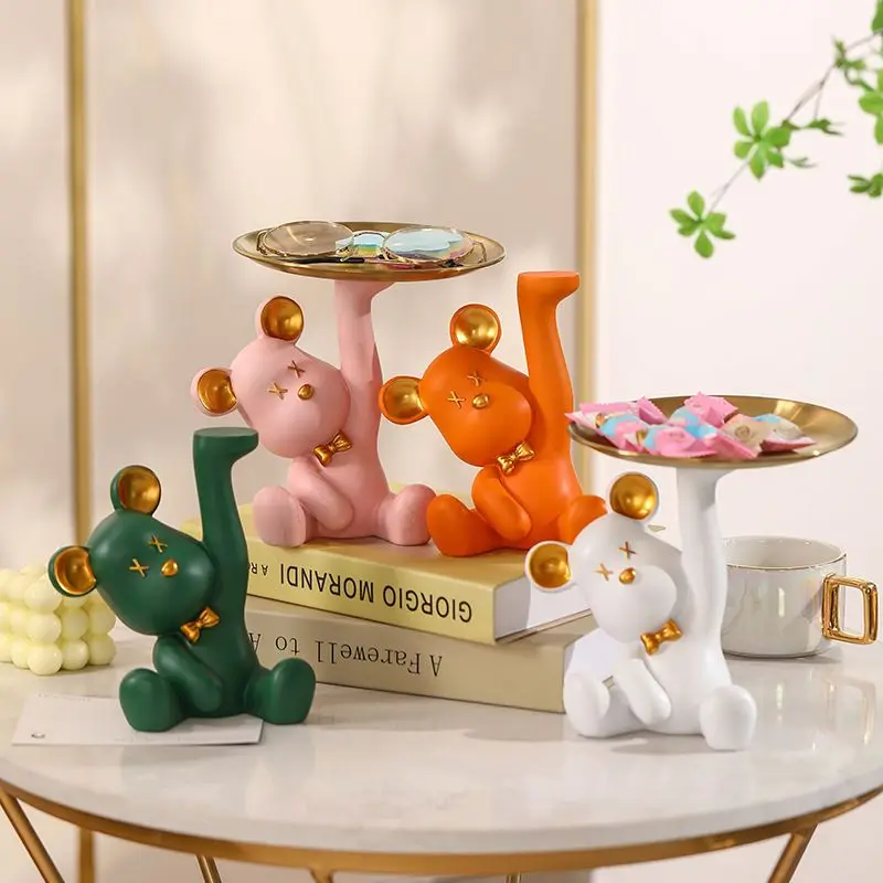 Little Bear Statue Desk Accessories Key Storage Tray Table Resin Home Decoration for Living Room Figurines Sculpture Craft Gifts