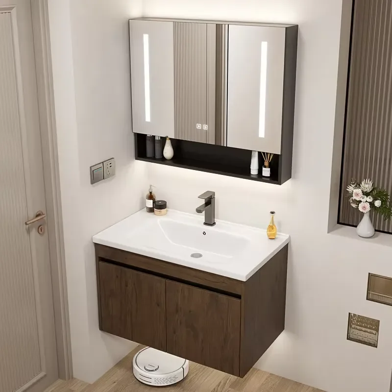 STLF Ceramic Sink Bathroom Vanity with Rock- Slab Stone Cabinet Washbasin Smart LED Ceramic Sink and White Ceramic Top for