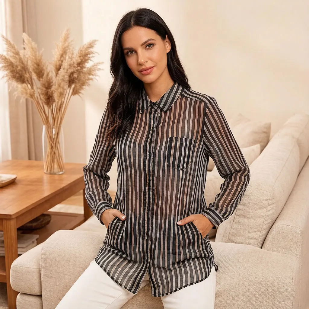 

Women Striped Sheer Blouse Long Sleeve Chiffon Shirt with Pocket Vintage Casual Loose Fit Transparent Tops