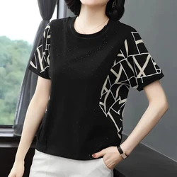 Women's Clothing Summer Short Sleeve Sequined Geometric Printing Crew Neck Pullover T-shirt Casual Fashion Elegant Trendy Tops