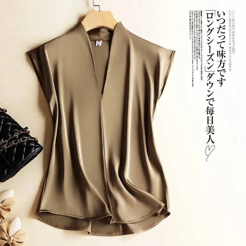 Coffee Silk Rayon V-Neck Pullover Sleeveless Casual Chic Women's Blouse Shirt Korean Fashion Female Clothing 2024 Summer