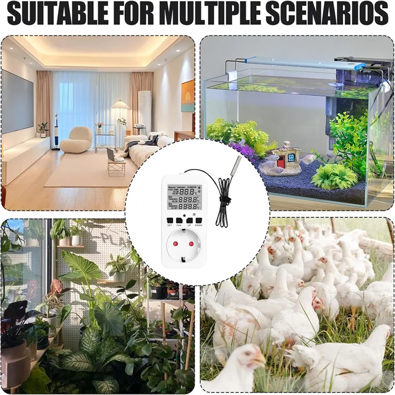 THIVN-Digital Temperature Controller Sockets,16A Heating Cooling Thermostat Socket With Sensor For Greenhouse EU Plug