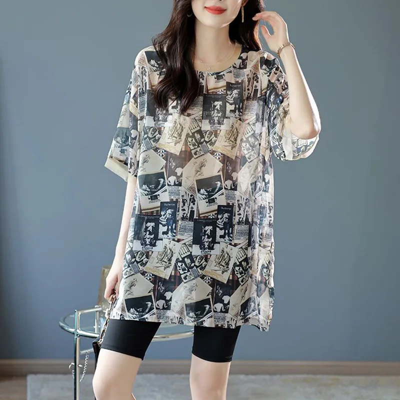 Vintage Printed O-Neck Spliced Loose Diamonds Blouse Women\'s Clothing 2023 Summer New Oversized Casual Pullovers Commute Shirt