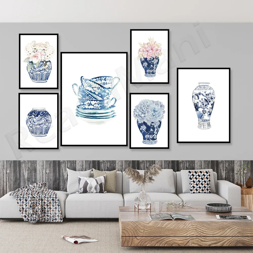 Hamptons Cups Floral Blue Flowers, Hamptons Floral Blue Ginger Pot Vase, Vase with Hydrangea Print, Asian East Art Poster