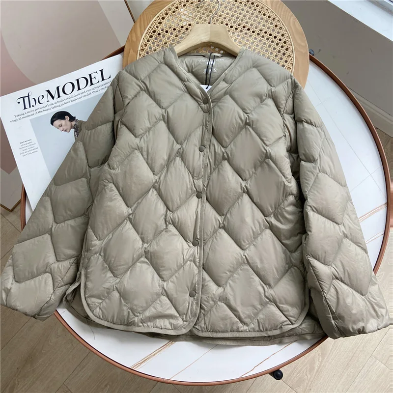 2023 New Autumn Winter Ultra Light Collarless Soft Puffer Jacket Women Casual Loose Single Breasted 90% Duck Down Coat female