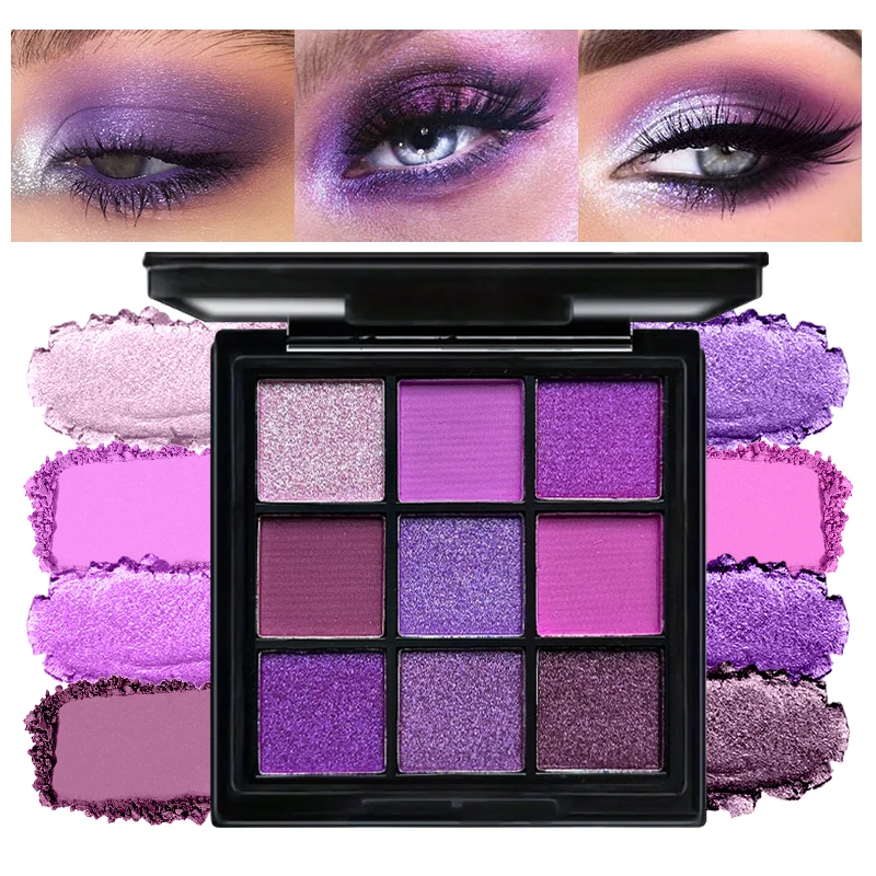 9-Color Purple Eyeshadow Palette with Free Dual-Ended Brush Set - Rich Matte Shimmer & Glitter Shades for Daily & Party Makeup