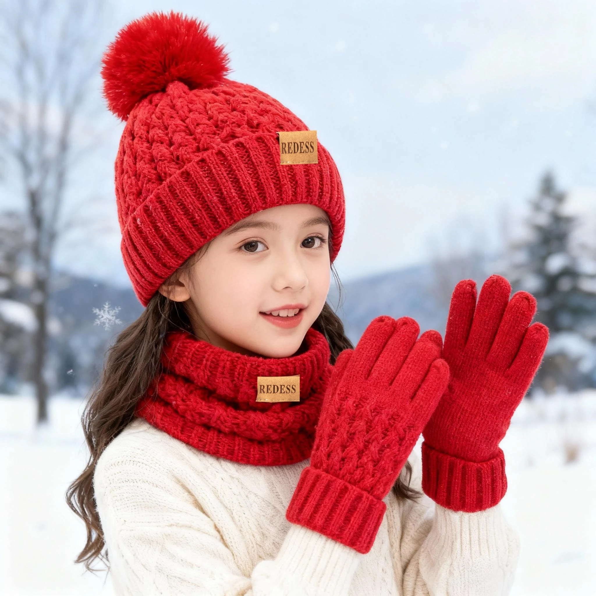

Children's winter warm-up hat, scarf, and glove set, fashionable and cute, with thick plush lining, suitable for outdoor skiing