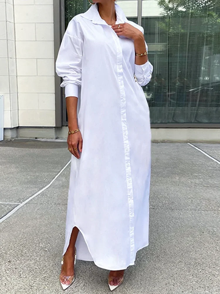 BWQ Women Autumn Long Dress Female Trendy Casual Loose Solid Color Long Sleeve Lapel Button Down Shirt Dress Ladies Streetwear