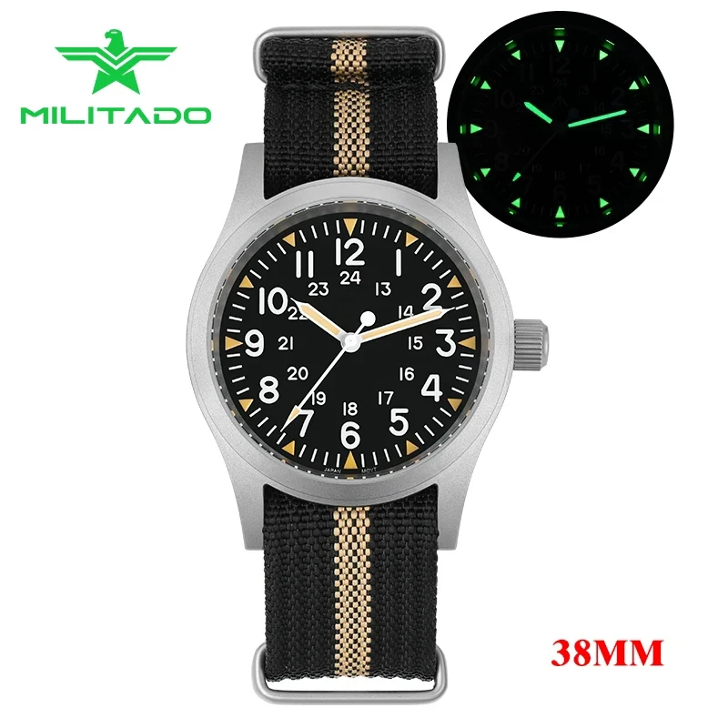 

Militado 38mm Field Watch Domed Sapphire Crystal VH31 Quartz 100m Waterproof C3 Super Luminous Retro Field Watch Homage Reloj