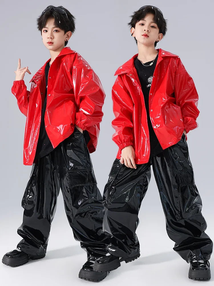 Girl'S Jazz Dance Costume Model Runway Show Shiny Leather Pants Set Fashion Red Suit Streetwear Hip Hop Stage Clothes