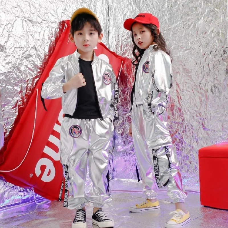 

1 компл./лот, комплект в стиле хип-хоп для мальчиков и девочек, серебряный цвет, костюм для джазового танца, детская одежда для выступлений, джазовый костюм, танцевальный костюм
