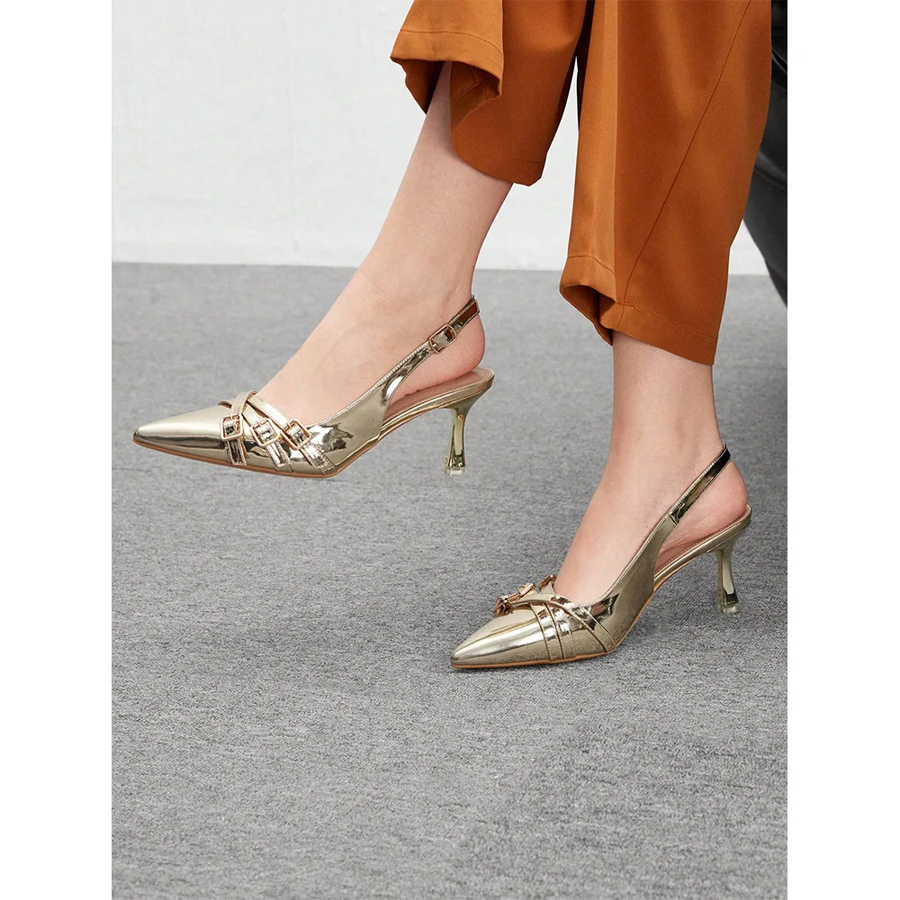 

Golden women high-heeled sandals 2025 summer patent leather pointed toe women slim fit high-heeled party low heeled women shoes