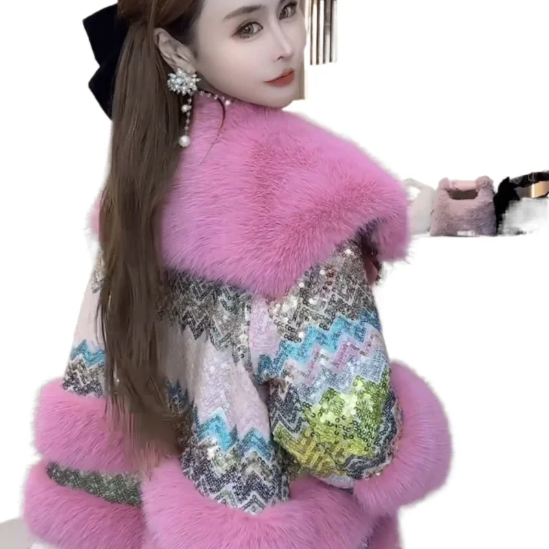 خريف شتاء موضة جديدة الصناعة الثقيلة الفراء الترتر تقليد الجلود الربط سميكة الفراء الإناث مزاجه الشباب سترة #6