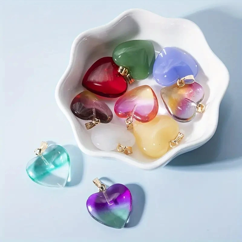 10pcs Vibrant Heart-Shaped Glass Stone Pendants - Versatile Beads for Creative DIY Necklace & Bracelet Jewelry Making