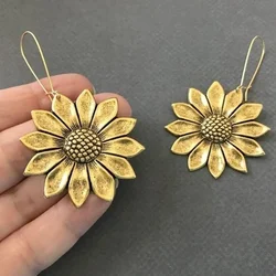 Luxury Gold Color Sunflower Earrings Large Sunflower Boho Floral Inspiration Statement Earrings Woodland Wedding Hippie Jewelry