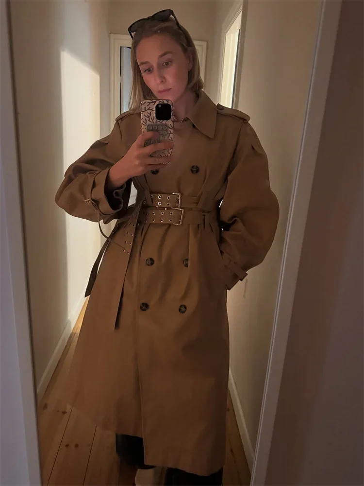Chic Elegant Women's Maxi Trench Coat Oversized Belted Double-Breasted Vintage Lapel Long Windbreaker Autumn New Fashion Outerwe