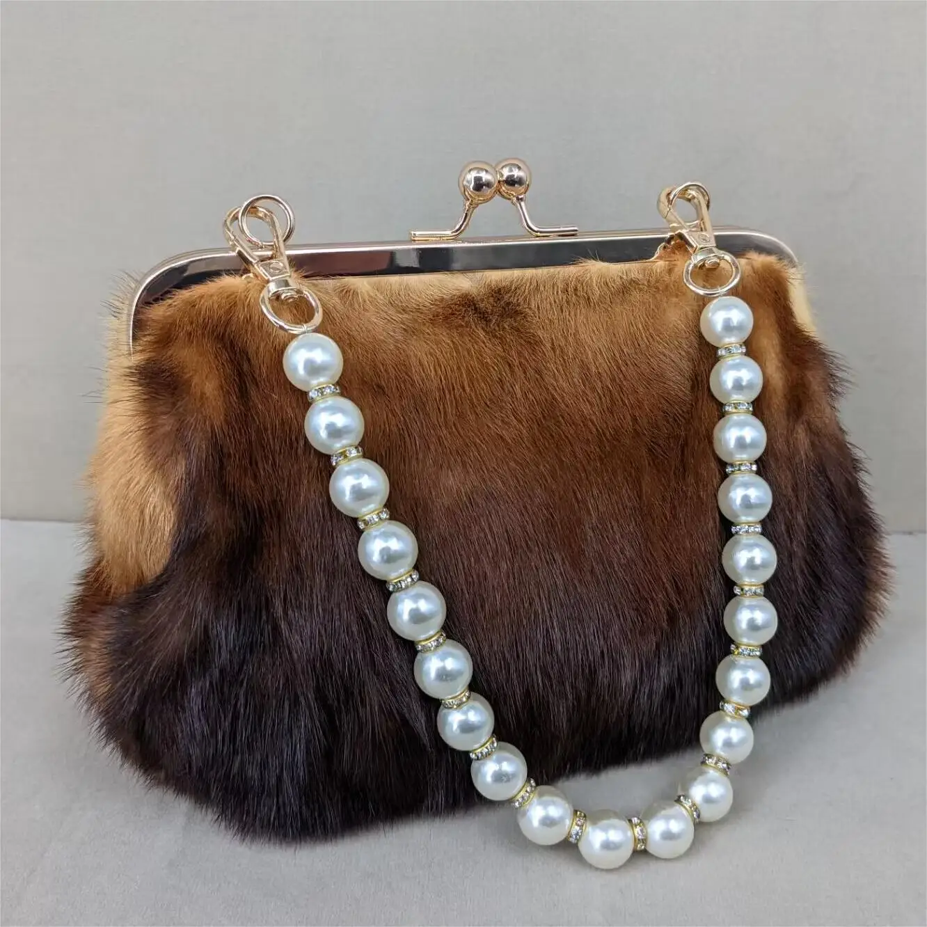 Natural Mink Fur Pearl Handbag, Multicolor, Rainbow Color, Furry, Luxurious, Party, Wedding Purse, Gray, B230628, Winter, 2023