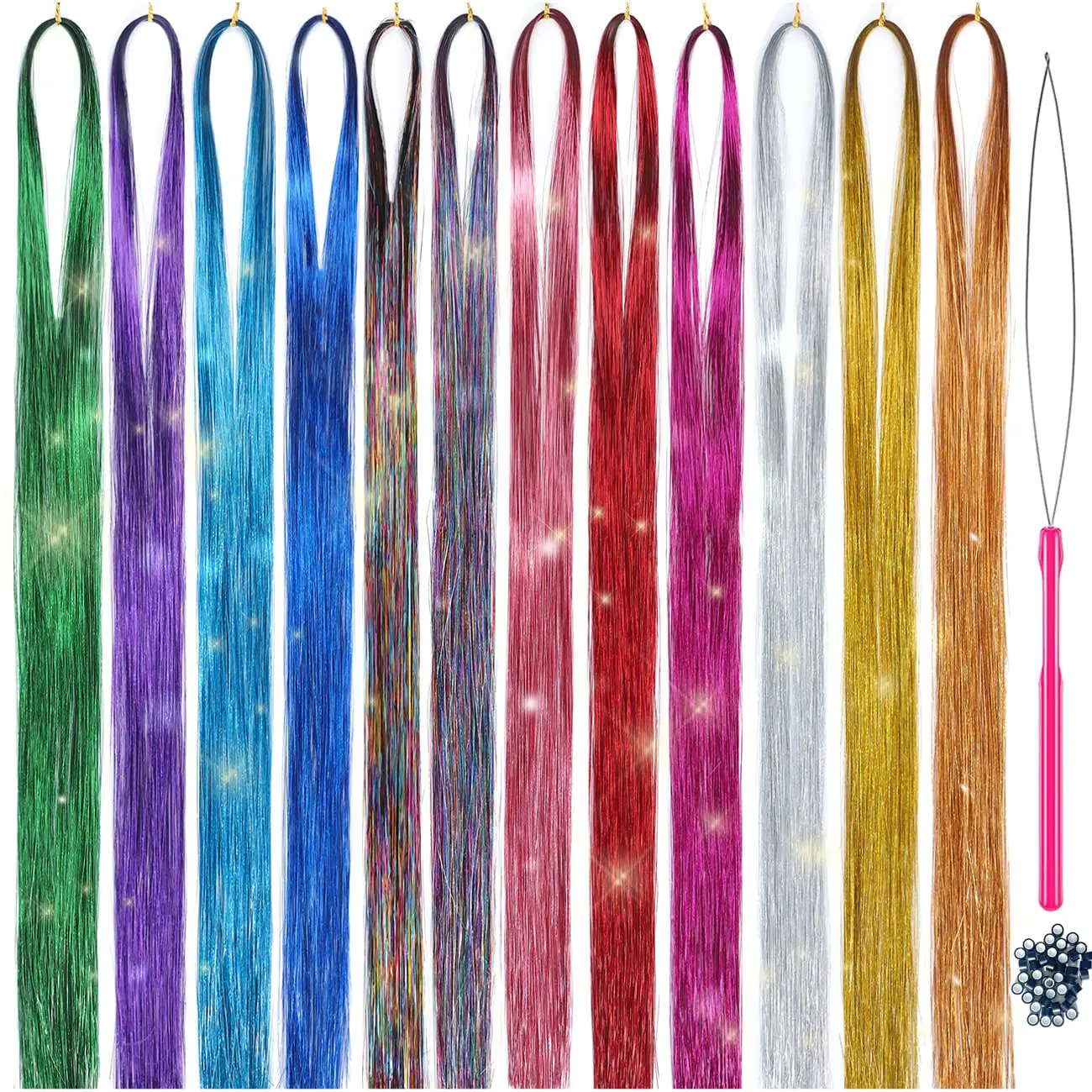 

47" 2100 Strands Fairy Hair Tinsel Kit 12 Colors Glitter Shiny Silk Extensions for Women Girls