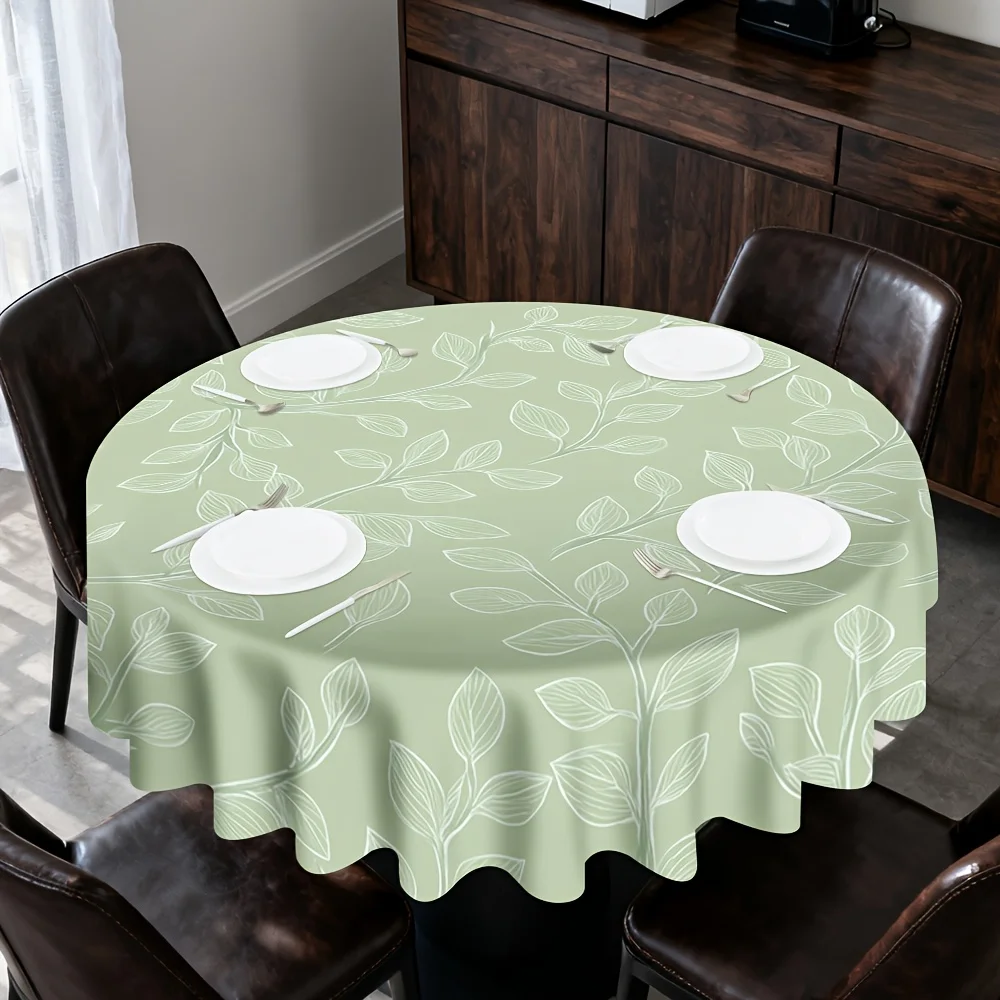 One soft green leaf-patterned round tablecloth, specially designed for a light and modern dining style.