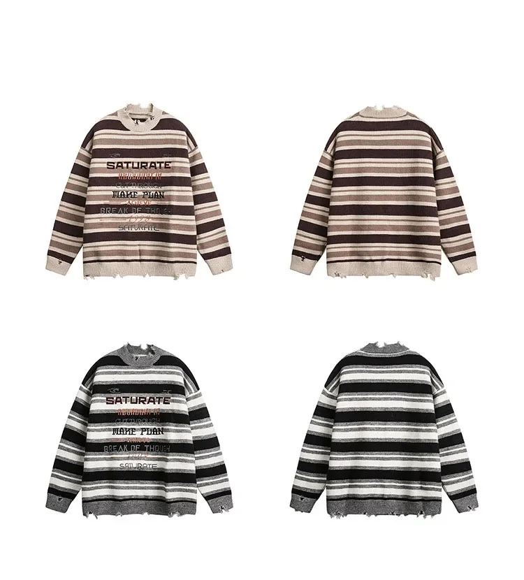 Street Style Hip Hop Men's Striped Ripped Knit Sweater Crew Neck Long Sleeve Embroidery Pattern Knitted Sweater