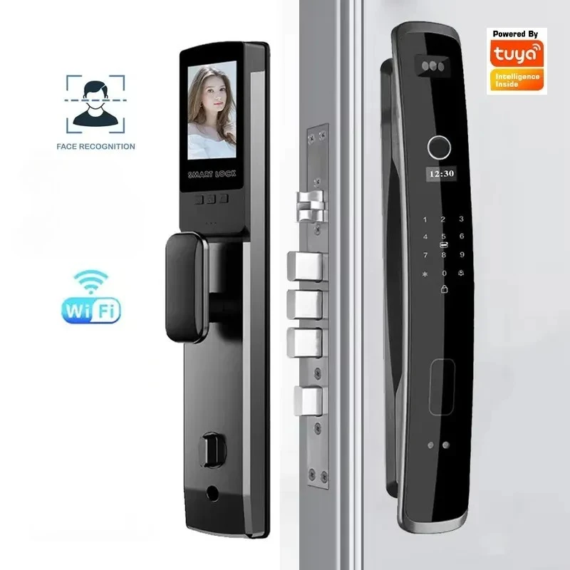 Tuya Automatic Smart Door Lock Fingerprint Facial Recognition Password Keyless Entry Security Lock for Home Wooden