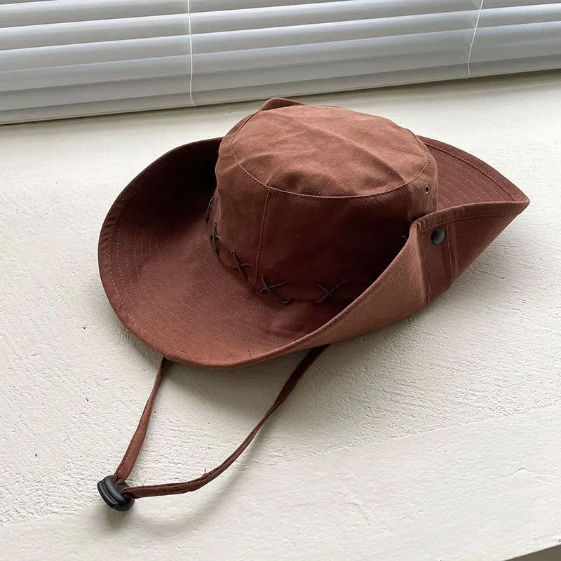 Hottie Windproof Hiking Hat Strap Camping Bucket Hats for Men American Casual Western Sunscreen Retro Cowboy Caps Women