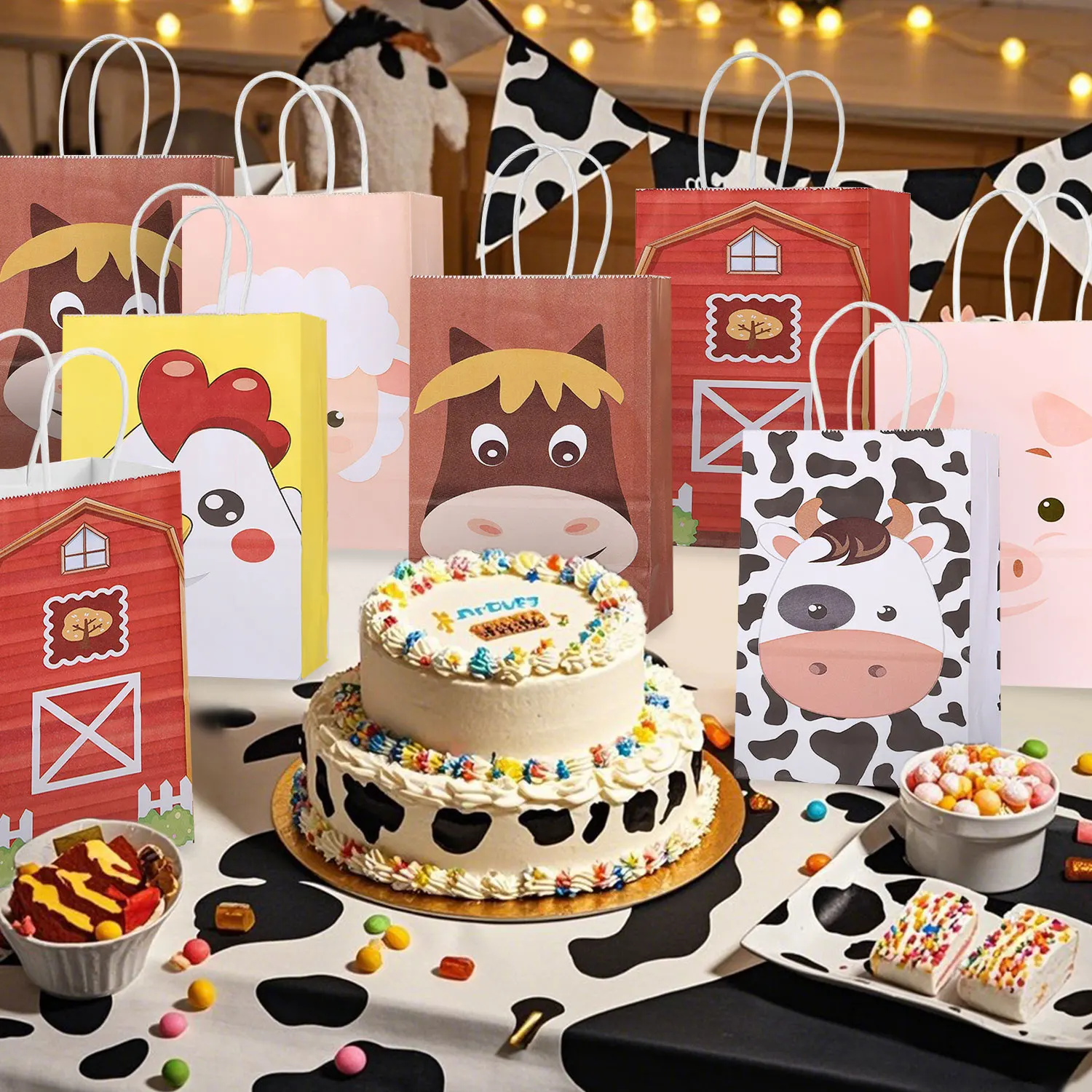 12/24 Stück Bauernhoftier-Partygeschenktüten mit Griffen, Scheunenhof, Geburtstagsgeschenk, Leckerli, Goody-Taschen, Kraftpapier, Süßigkeiten-Geschenktüte für Kinder – Detail 6